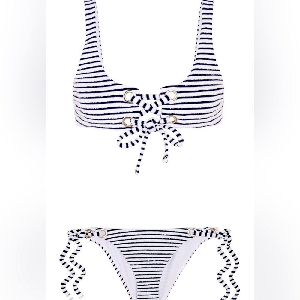 NWOT Mara Hoffman navy/white stripe bikini. Large. Adjustable. Terry cloth.